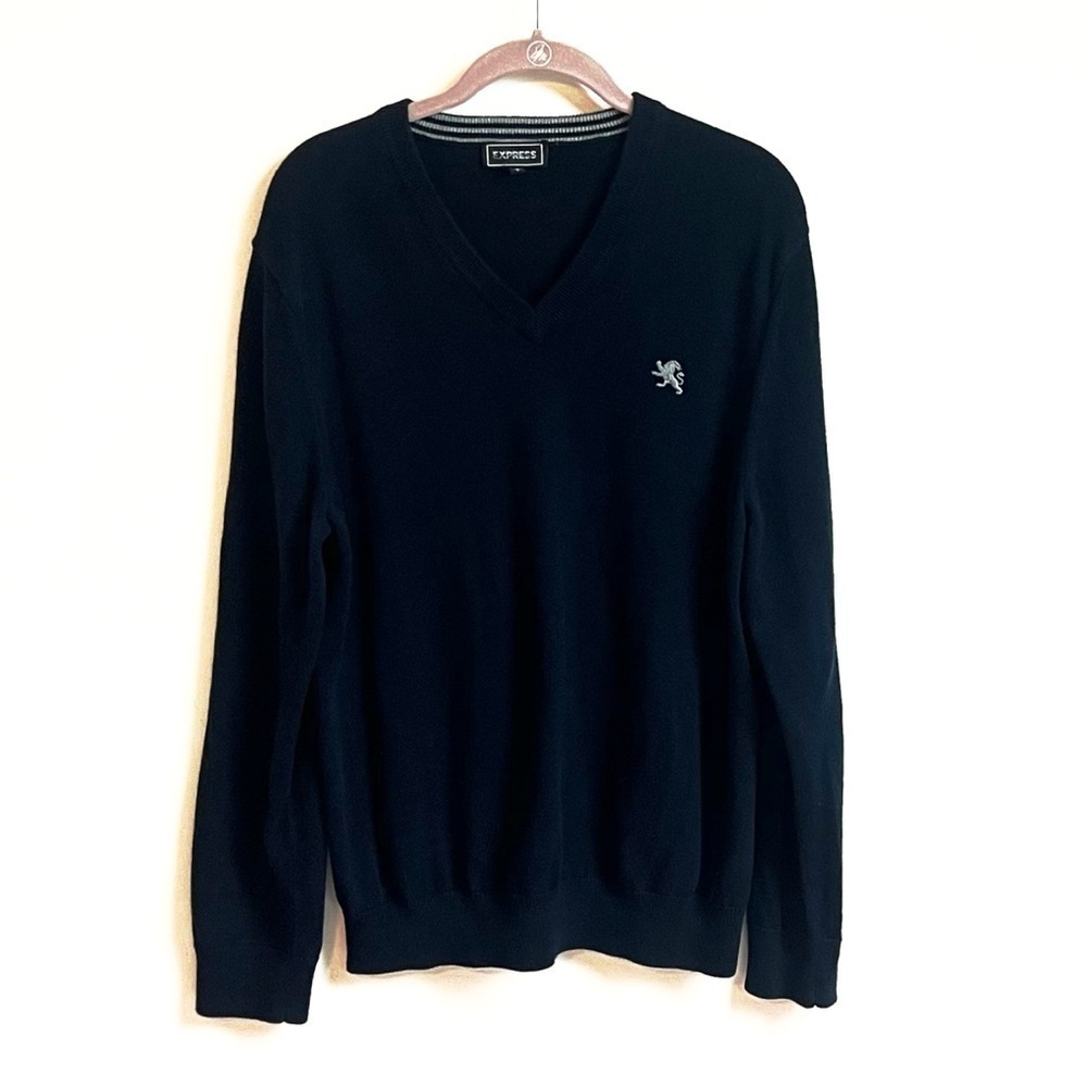 Express Men’s Solid Navy Blue Sweater Cotton Knit Pullover Large Long Sleeves